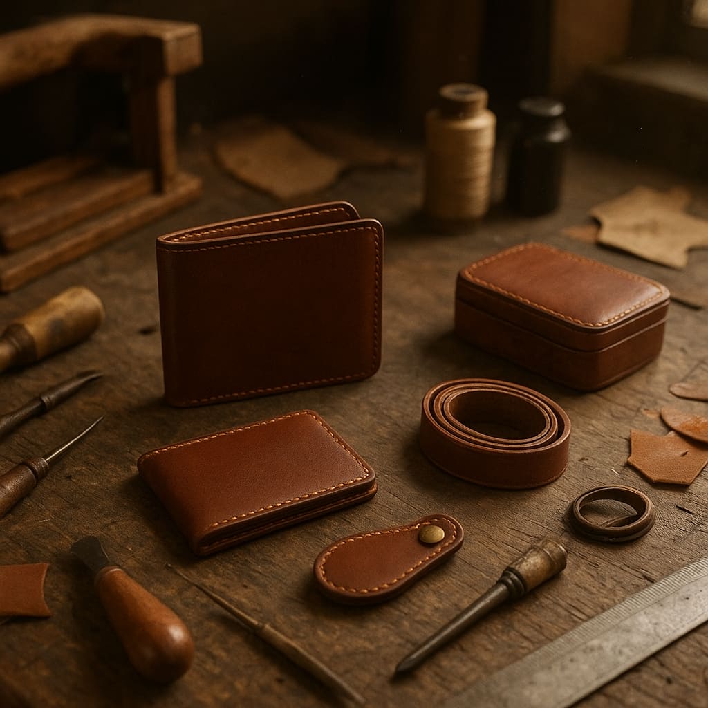 Handgefertigte Leder-Geschenke auf einer Werkbank im Atelier