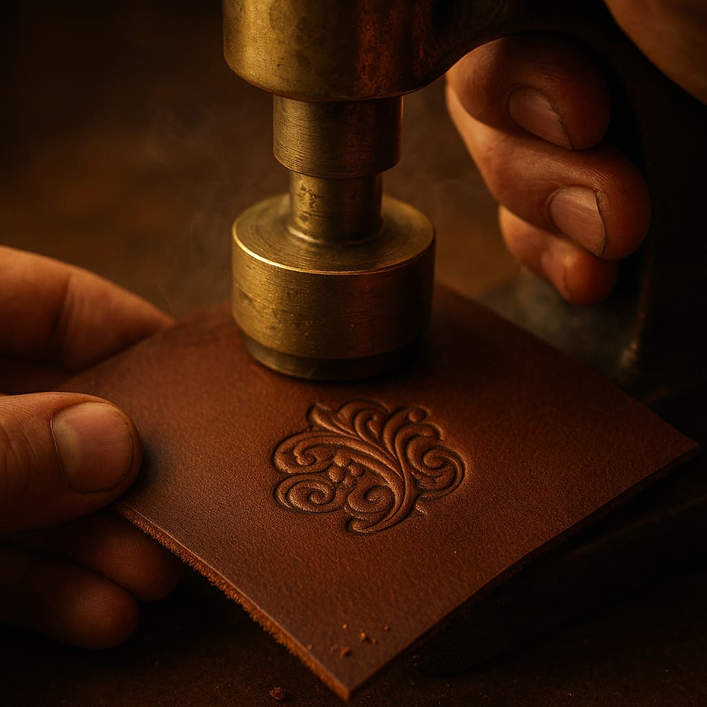 Nahaufnahme der Monogramm-Prägung auf Leder