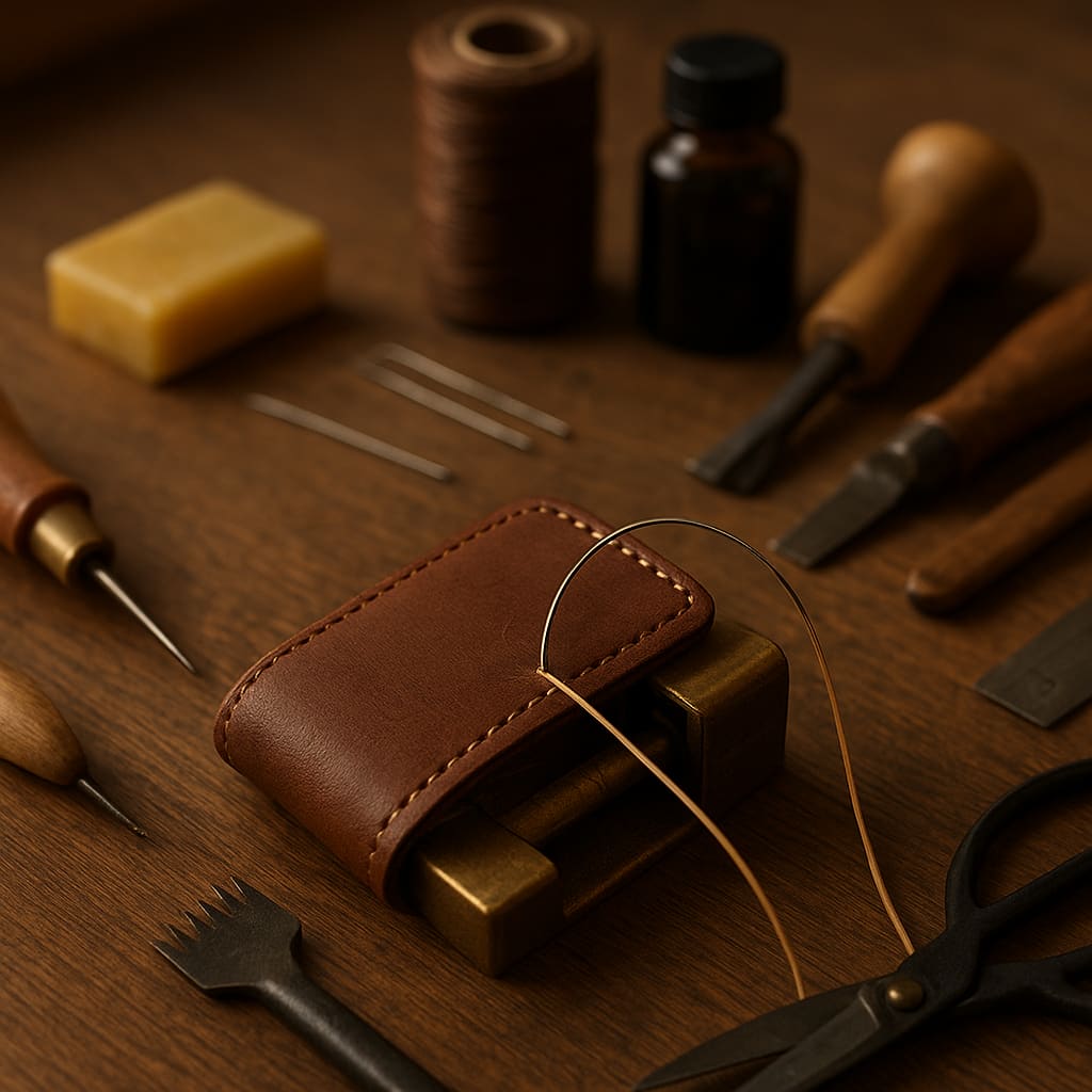 Reparatur eines Lederaccessoires mit sorgfältiger Naht